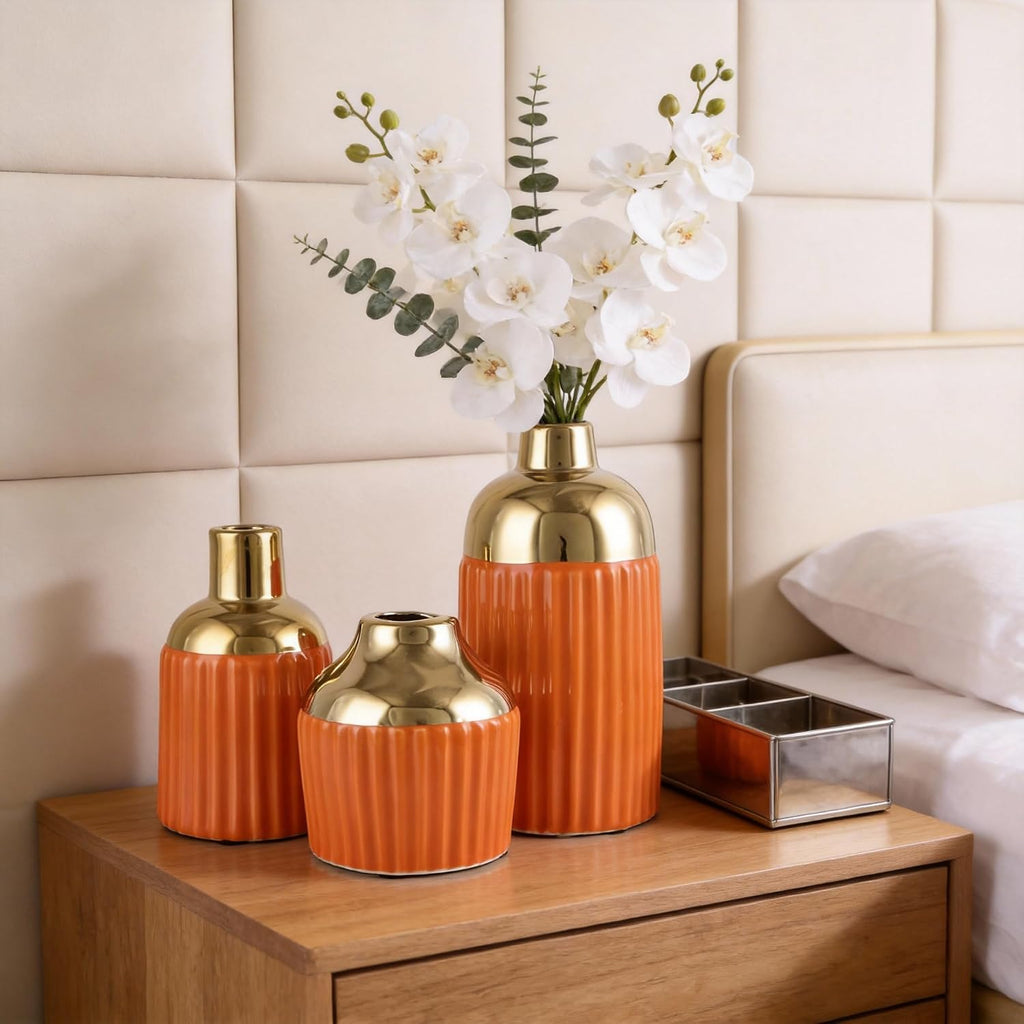 Orange Gold Ceramic Vase 3-Piece Set, Modern Geometric Decorative Vases, Small Ceramic Vases for Home Decor, Suitable for Dining Table, Shelf, Entryway Table, Fireplace, and Foyer Table Decor.
