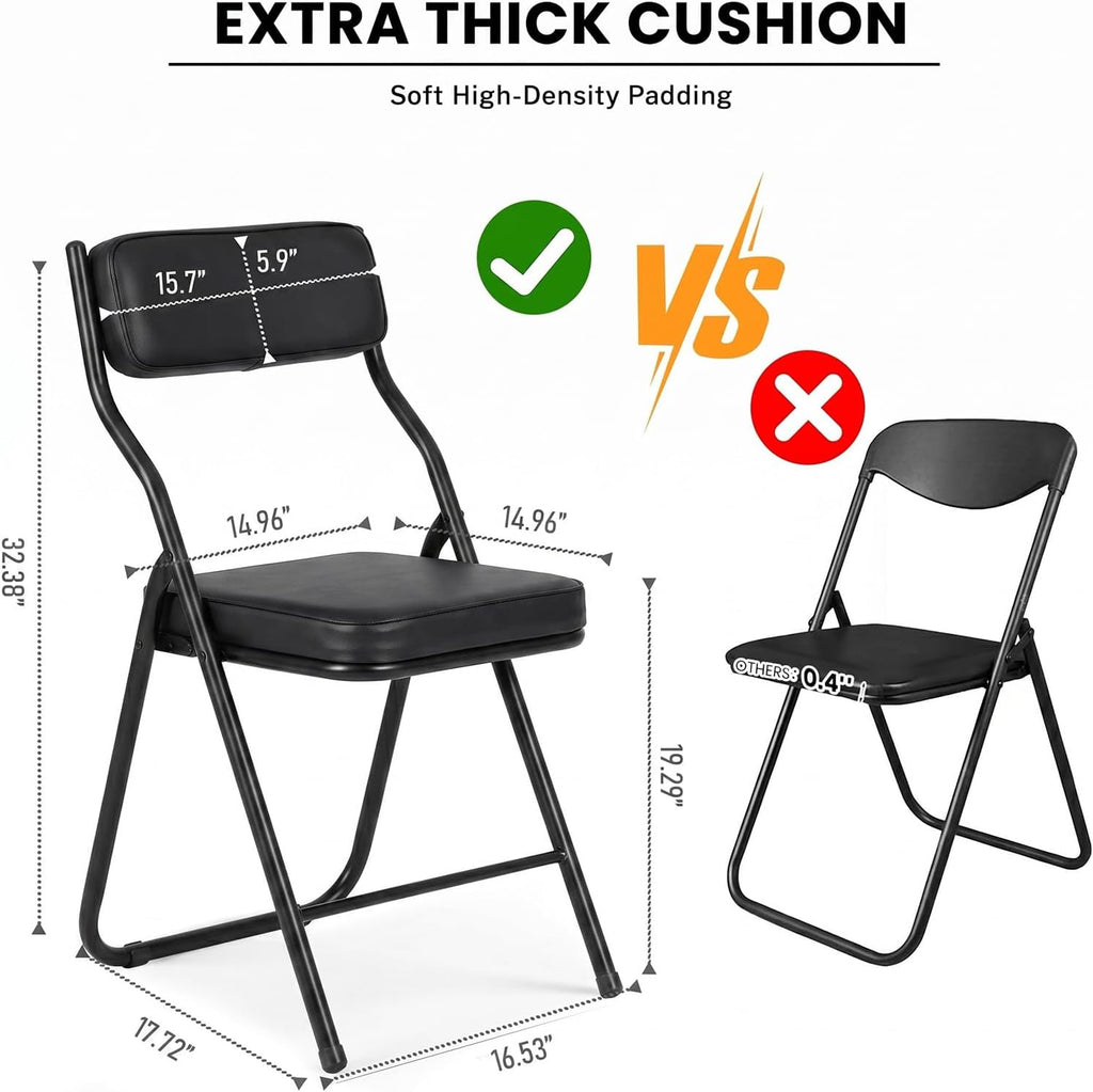 4 Pack Padded Folding Chairs, Foldable Chairs with Thick Cushion & Backrest, 350 lbs Portable Folding Chairs with Steel Frame for Dining Office Party Wedding Indoor Outdoor, Black