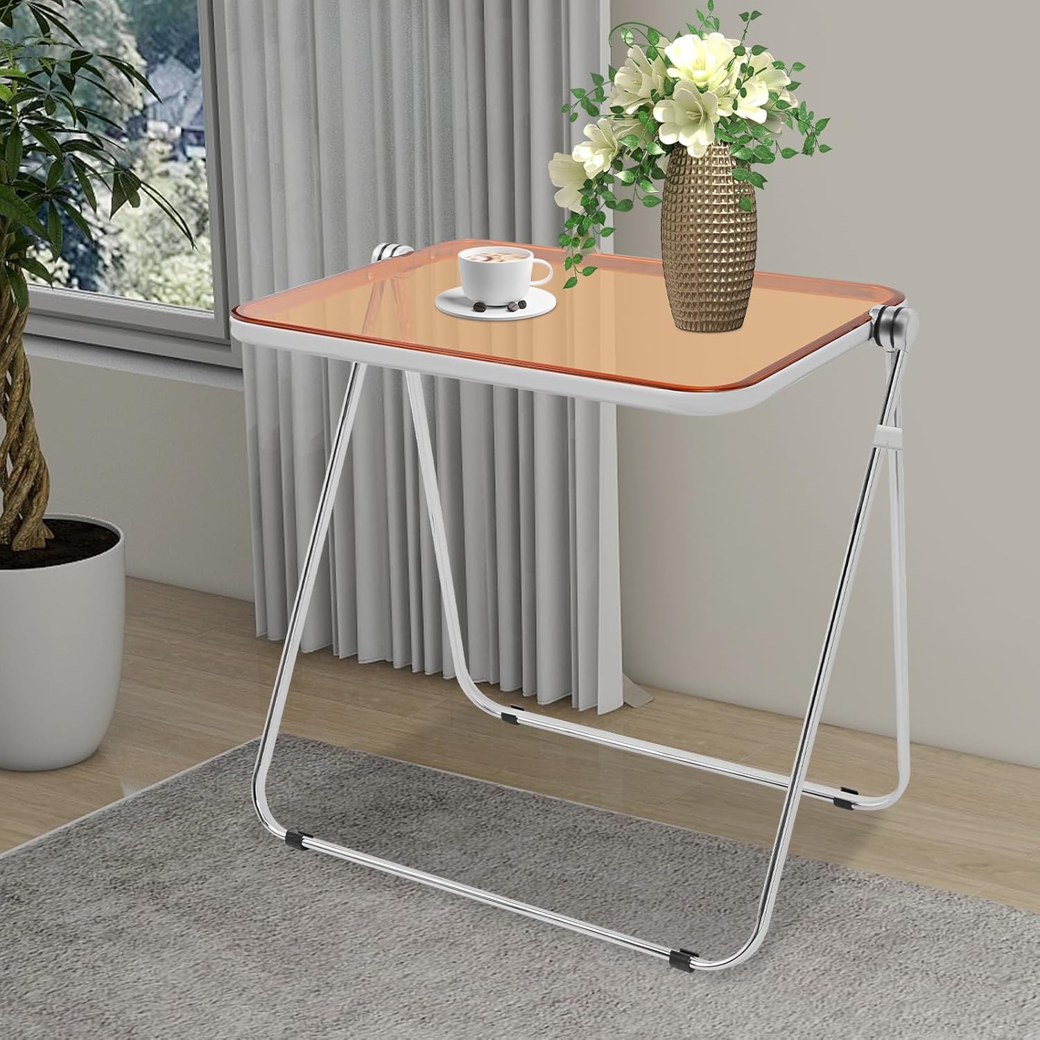 Clear Foldable Side Table, Folding TV Tray Table, Portable Tiny Desk, Small Computer Desk, Space-Saving Side Tables for Home Office (Clear Tea Color)