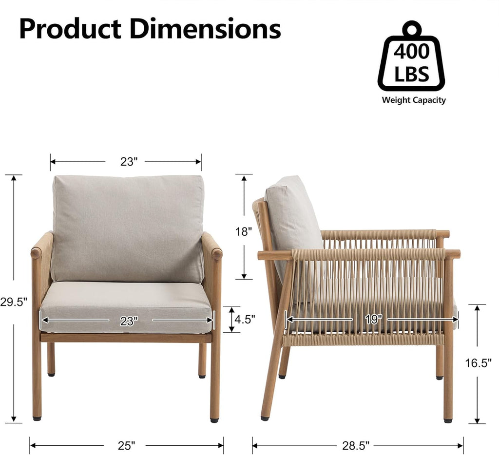 Outdoor Accent Chair, Patio Lounge Chairs Set of 2 with Hand-Woven Rope & Waterproof Cushions, Comfy Metal Patio Outdoor Chair, All-Weather Balcony Seating for Garden/Porch/Poolside, Grey