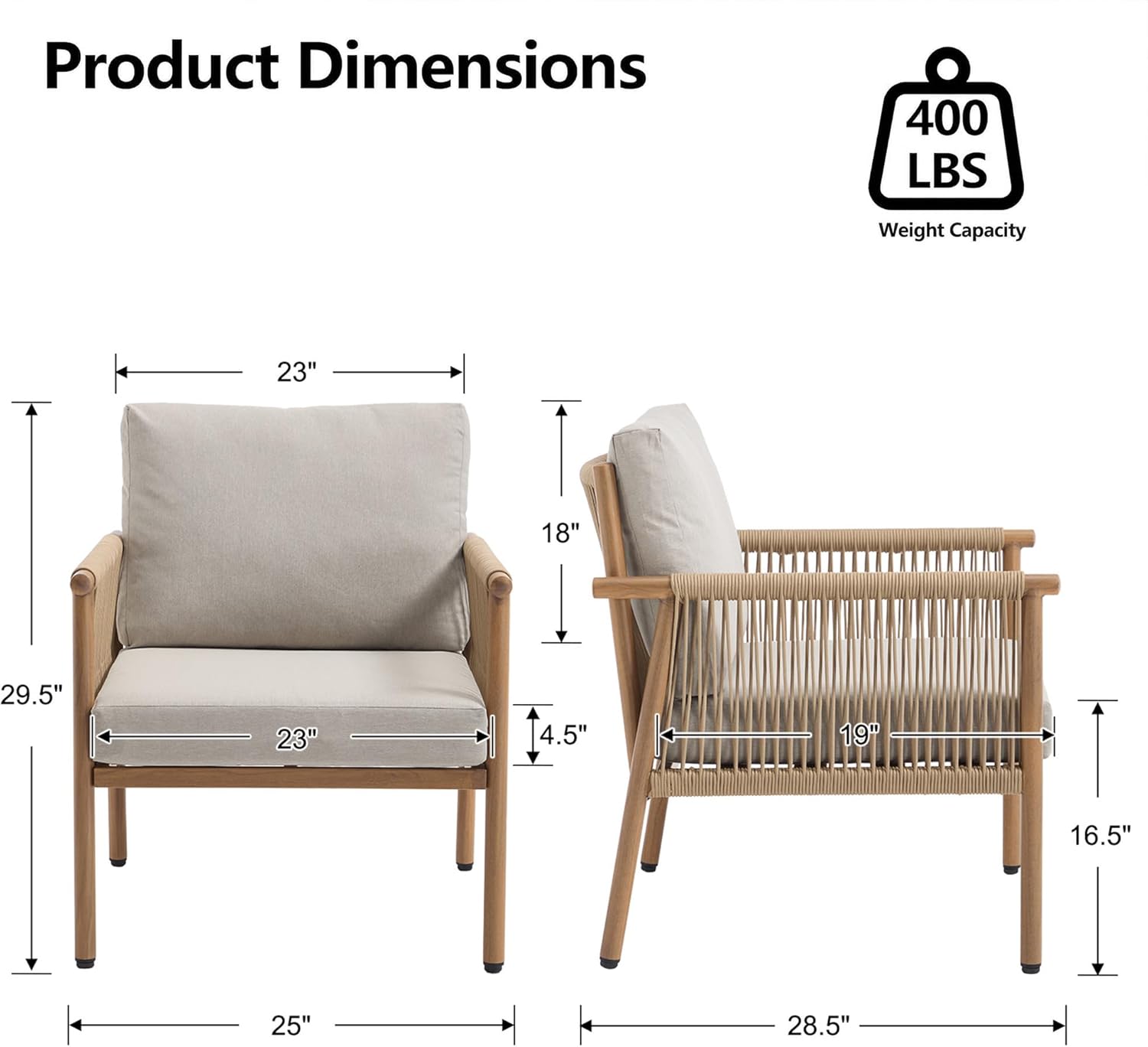 Outdoor Accent Chair, Patio Lounge Chairs Set of 2 with Hand-Woven Rope & Waterproof Cushions, Comfy Metal Patio Outdoor Chair, All-Weather Balcony Seating for Garden/Porch/Poolside, Grey