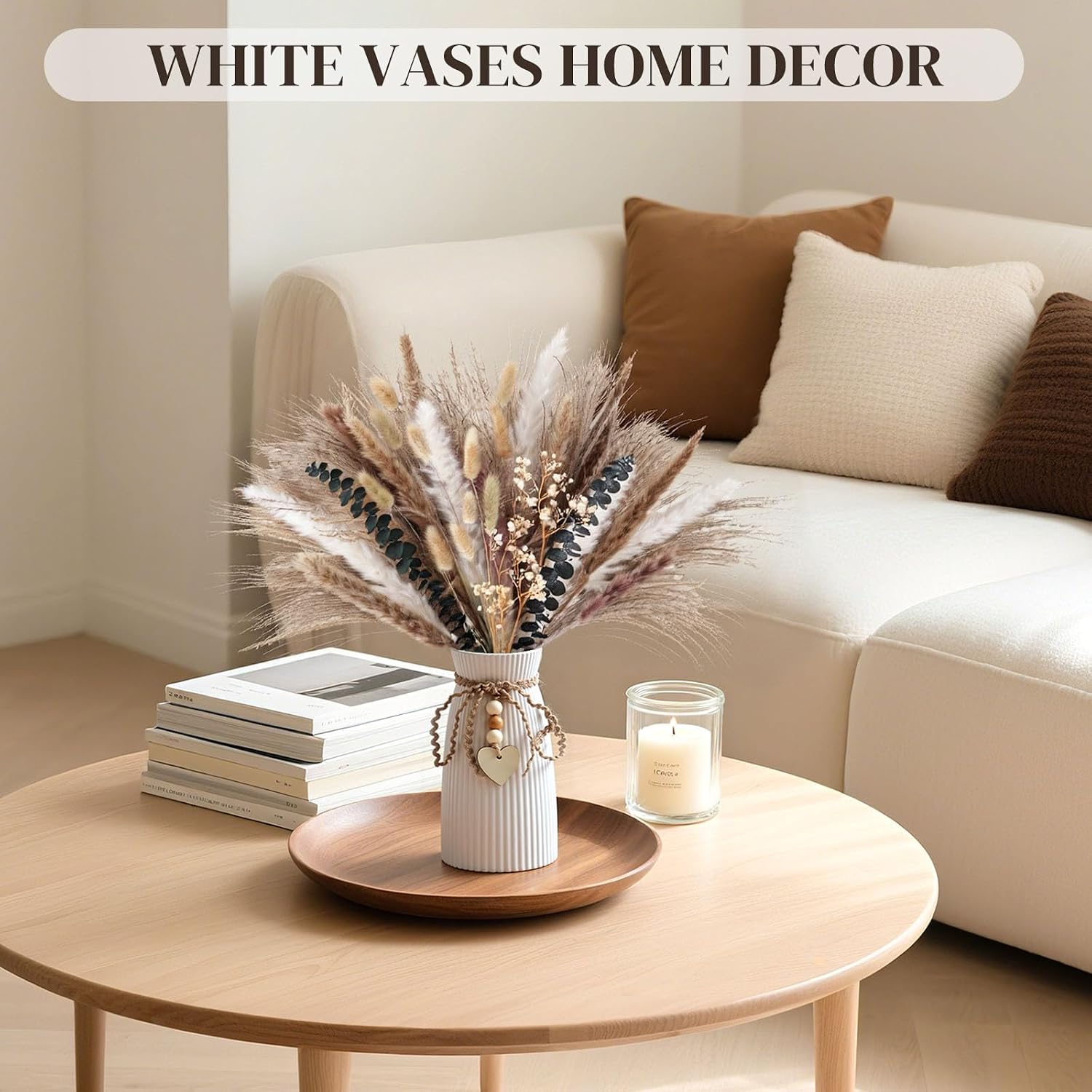 DomeStar White Ceramic Vase, 6.3" Tall Small Flower Vase for Pampas Grass, Home, Living Room, Dining Table, Farmhouse, Office Decor, Bedroom, Table, Kitchen Shelf, Minimalist Modern Home Decoration