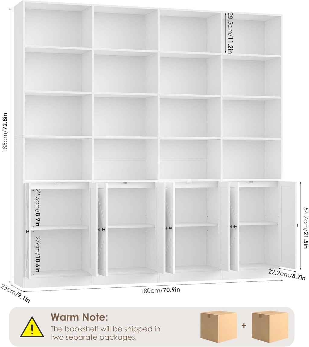 FACBOTALL 70.9" Wide Bookshelf, 6 Tier Farmhouse Bookshelf with 8 Doors, Large Bookcase with 18 Storage Shelves, Tall Bookshelves and Bookcases, Modern Bookshelves for Living Room, White