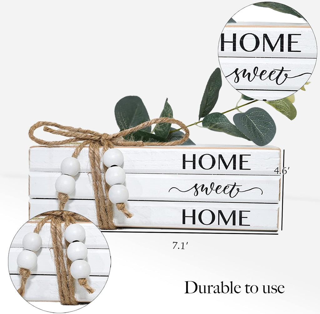 3 Pieces Wooden Decorative White Books, Rustic Farmhouse Faux Books for Coffee Table Shelves with Wood Bead Tassels and Leaves, 7'x 4.6'x 2.5' (Home, Sweet, Home)