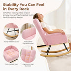 Nursery Rocking Chair, Teddy Upholstered Glider Rocker with High Backrest & Thick Cushion, Tufted Accent Armchair with Wood Legs, Comfy Reading Chair for Living Room Bedroom Office, Pink