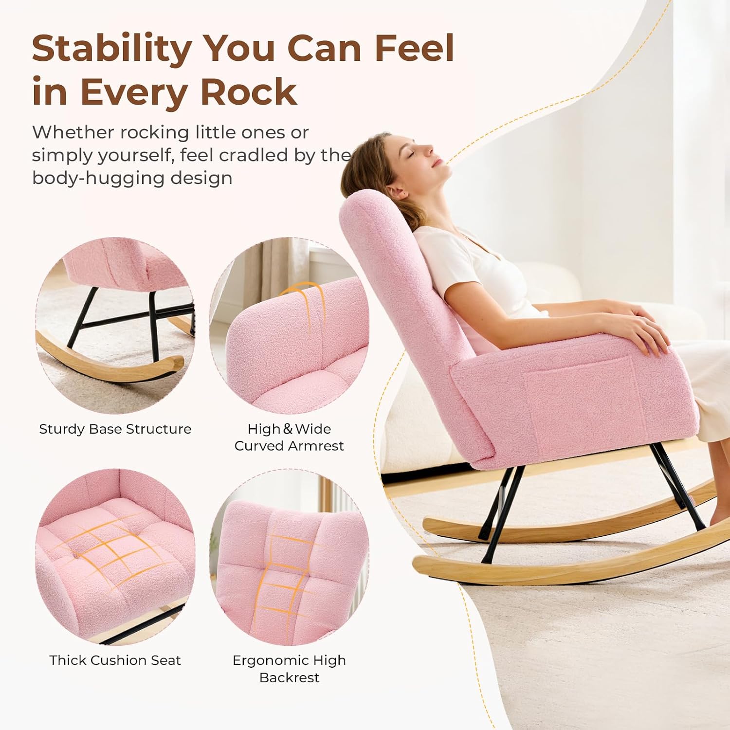 Nursery Rocking Chair, Teddy Upholstered Glider Rocker with High Backrest & Thick Cushion, Tufted Accent Armchair with Wood Legs, Comfy Reading Chair for Living Room Bedroom Office, Pink