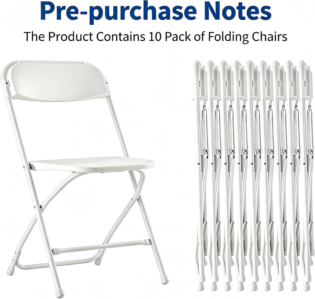 HealSmart 10-Pack Plastic Folding Chair, Portable Chair with Metal Frame, 330lb Capacity, Foldable and Stackable Chairs for Wedding, Party, Picnic, Office, Indoor/Outdoor Dining, White