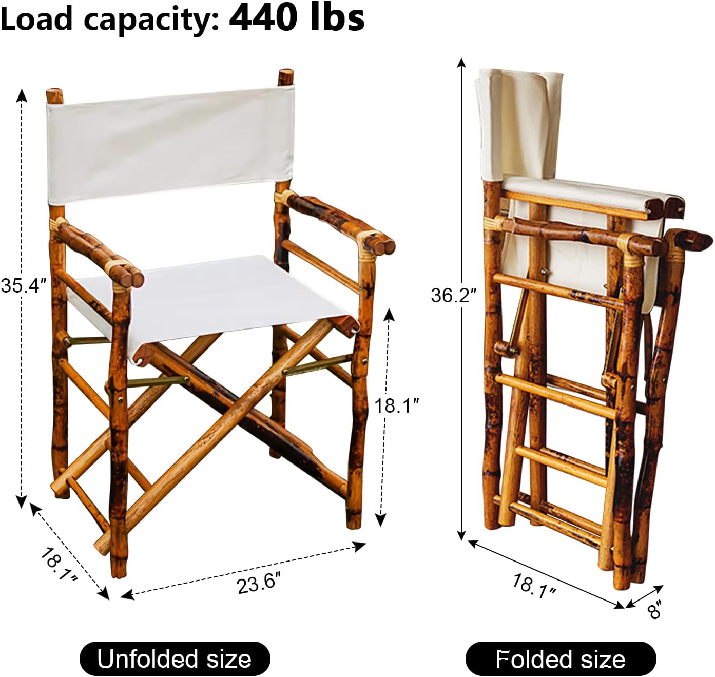 Set of 2 Bamboo Folding Directors Chairs, Detachable Portable Dining Lawn Chairs for Indoor Outdoor, Camping, Picnic, Beach & Sports Events