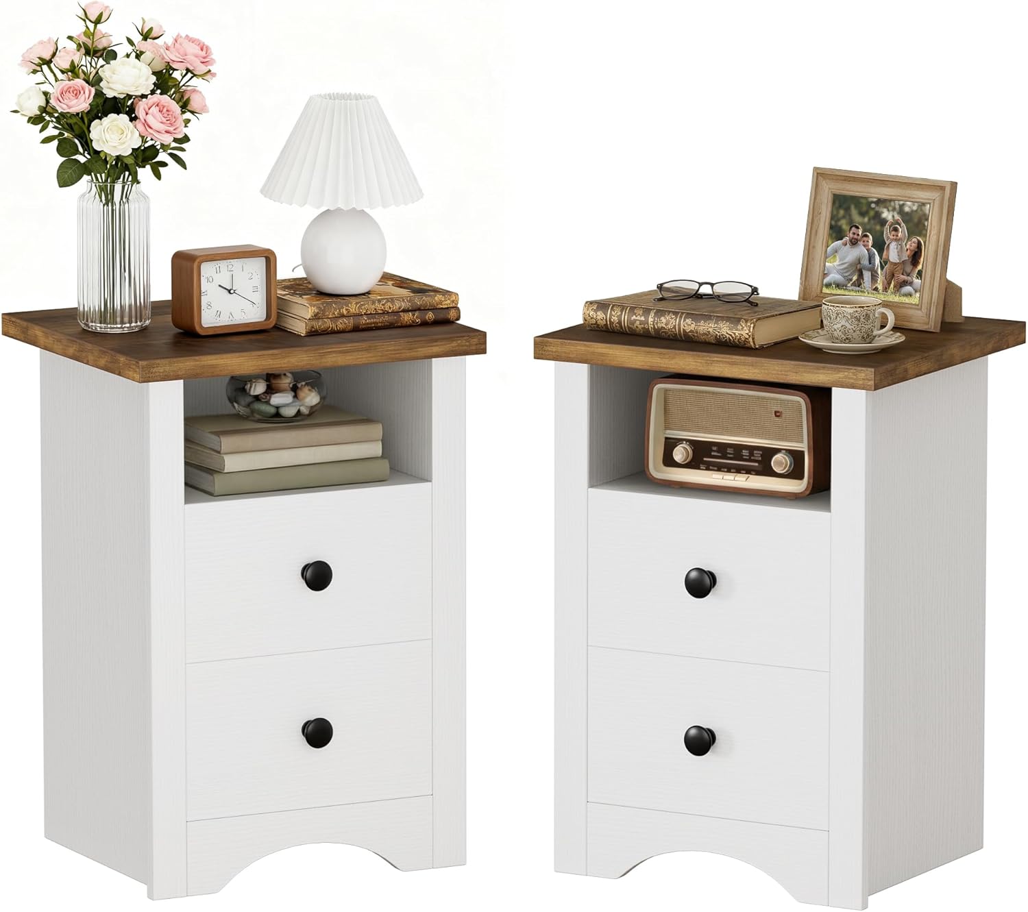 JUMMICO Farmhouse Nightstands, End Table with 2 Storage Drawers and Open Shelf, Rustic Bedside Table for Bedroom, Living Room(2, White)