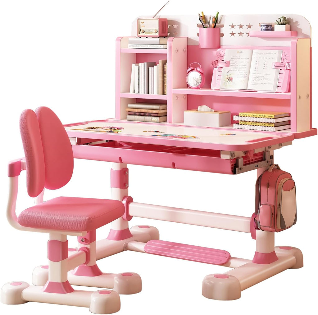 Kids Functional Desk and Chair Set, Ergonomic Height Adjustable Children School Study Desk with Tilt Desktop, Book Stand, Bookshelf, Metal Hook and Storage Drawer for Boys Girls 3-18 Years Old Pink