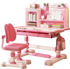 Kids Functional Desk and Chair Set, Ergonomic Height Adjustable Children School Study Desk with Tilt Desktop, Book Stand, Bookshelf, Metal Hook and Storage Drawer for Boys Girls 3-18 Years Old Pink