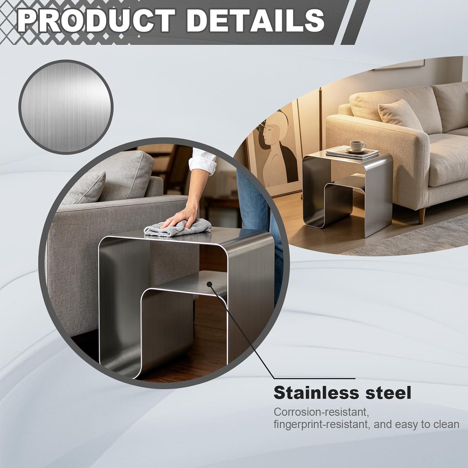 Minimalist Stainless Steel End Table, Modern Steel Frame Side Table and Sofa Table, Small Nightstand for Living Room Bedroom Office (17.7"x13.8"x17.7")