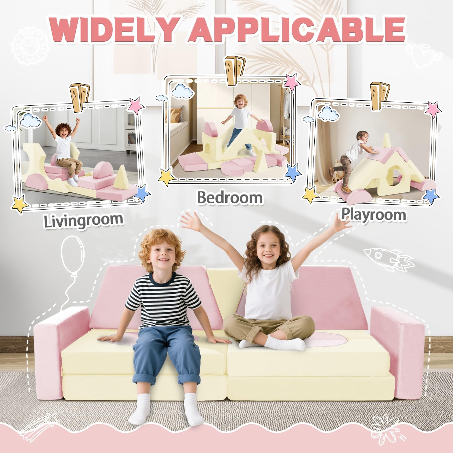 15pcs Modular Kids Play Couch Set Children Section Sofa Kids Convertible Toddler Couch for Children Bedroom Playroom Living Room (Pink+White)