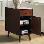Mid Century Modern End Table with Charging Station, Wooden Side Table with USB Ports and Outlets, Narrow Beside Accent Table with Cup Holder & Magazine Rack, Walnut
