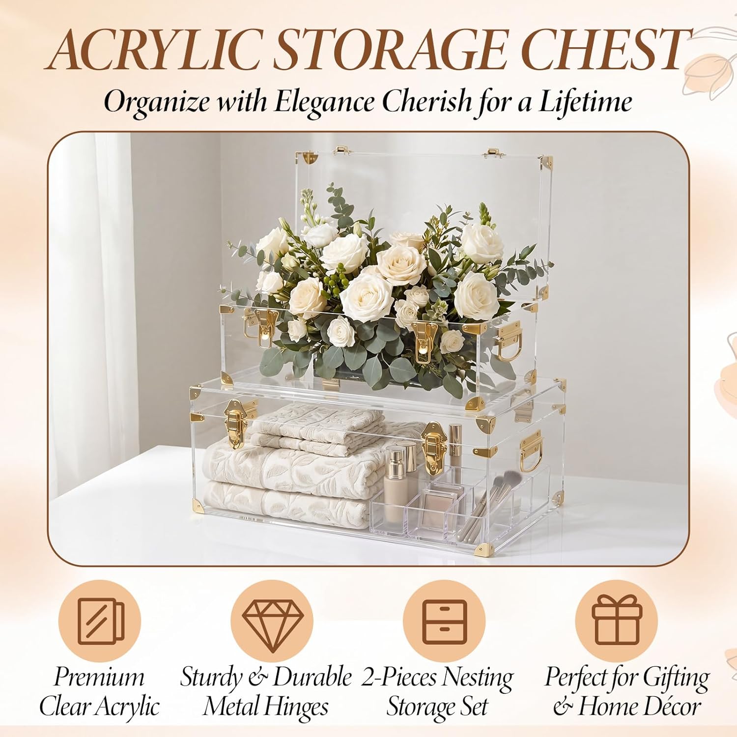 Wesiti Clear Acrylic Bridal Keepsake Trunk, Decorative Storage Chest with Lid & Handles, Bridal Wedding Memory Box for Photos, Gifts, Special Moments, Closet & Home Organization(2,Large,Small)