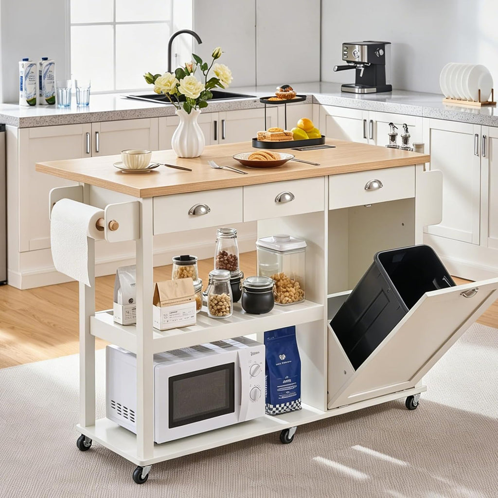 ONBRILL 56" Kitchen Island with Drop Leaf, Rolling Kitchen Cart with Trash Cabinet, Power Outlet, 2-Tier Open Shelves, 3 Drawers, Spice & Paper Towel Racks, 6 Wheels (4 Locking) for Dining Room, White