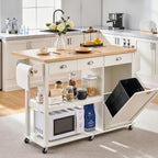 ONBRILL 56" Kitchen Island with Drop Leaf, Rolling Kitchen Cart with Trash Cabinet, Power Outlet, 2-Tier Open Shelves, 3 Drawers, Spice & Paper Towel Racks, 6 Wheels (4 Locking) for Dining Room, White