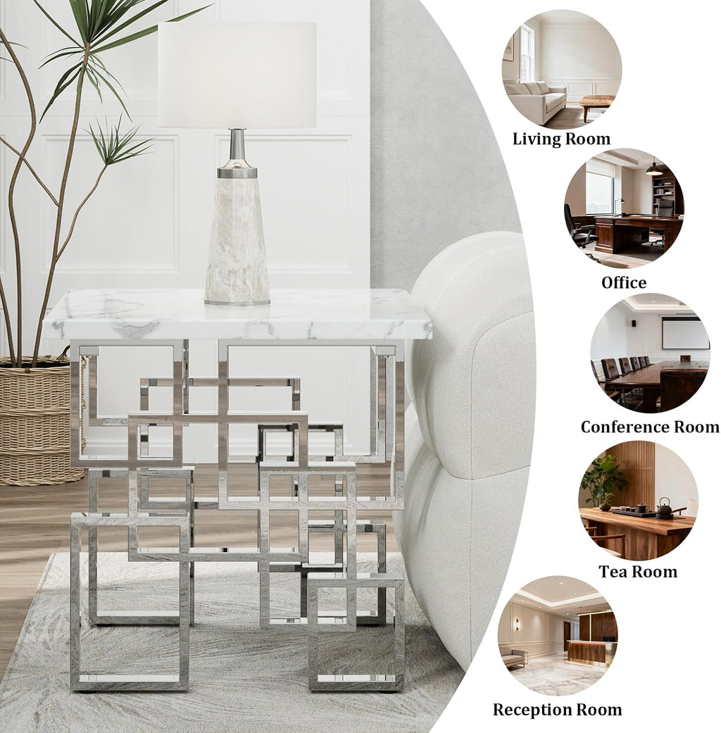 AUZ Silver End Table, Modern Square Living Room Side Table with White Faux Marble Top and Mirrored Silver Metal Geometric Base