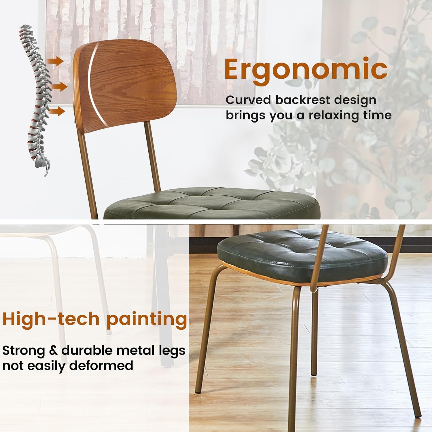 Dining Chairs Set of 4, Upholstered Mid-Century Faux Leather Cushion Seat & Metal Legs with Wood Backrest Easy Assembly Stackable Chairs for Living Room, Kitchen, Restaurant - Dark Green