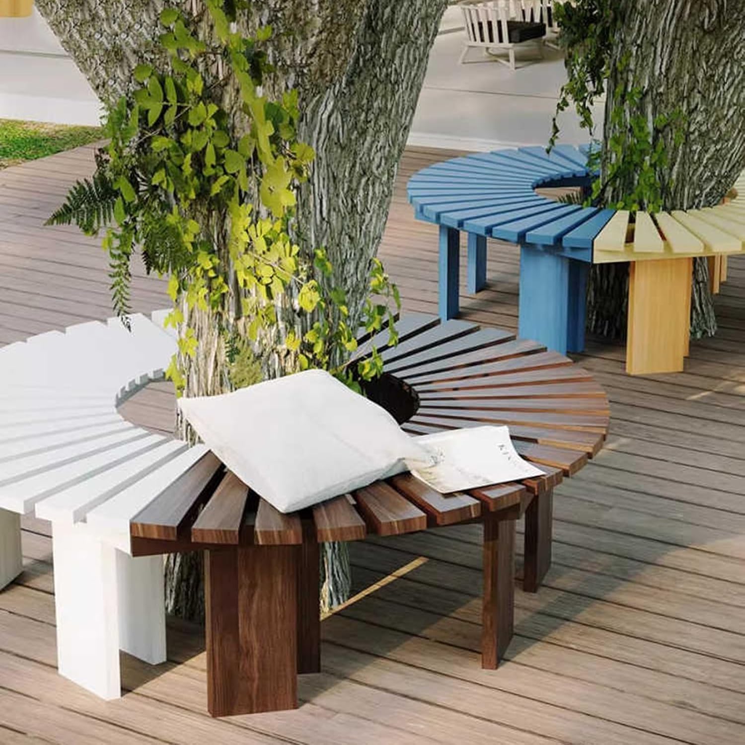 Garden Tree Bench Wrap Around Wooden Benches Seater,for Backyard Leisure Chair Patio Seating(Color2)