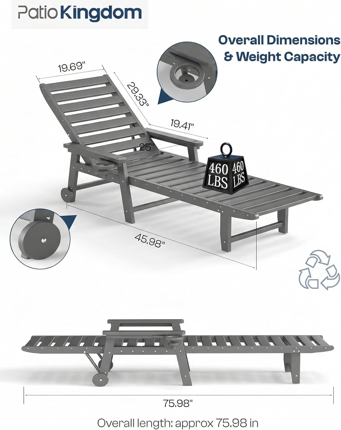 5-Position Adjustable Lounge Chair Outdoor, HDPE Outdoor Chaise Lounge with Cup Holder & Wheels, Pool Lounge Chairs for Poolside, Beach, Deck, Grey