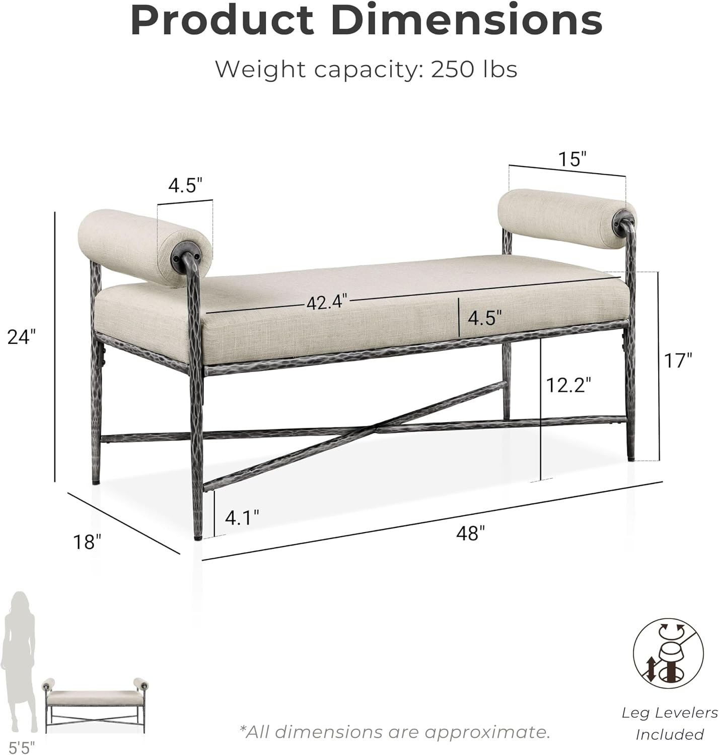 24/7 Shop at Home Lalia Upholstered 48-inch Metal Bench with Padded Roll Arms, Beige Fabric Seat, Hammered Forged Steel Frame, Modern Bedroom or Entryway, Matte Gray