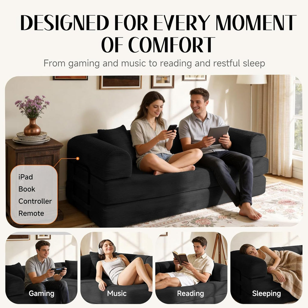 79'' Convertible Sofa Bed, Boneless Couch-in-a-Box, Corduroy Floor Futon Loveseat Sleeper, 26'' Deep Seat, Removable Machine-Wash Covers, No Assembly, 2 Pillows, Black