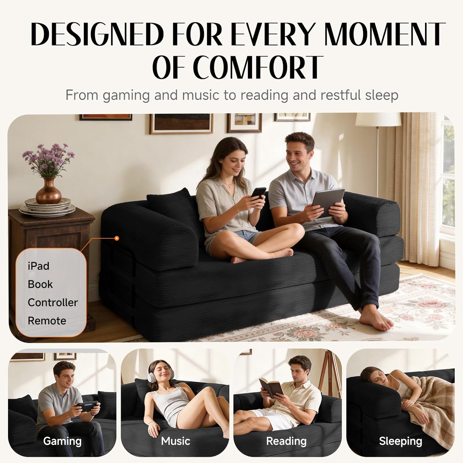 79'' Convertible Sofa Bed, Boneless Couch-in-a-Box, Corduroy Floor Futon Loveseat Sleeper, 26'' Deep Seat, Removable Machine-Wash Covers, No Assembly, 2 Pillows, Black