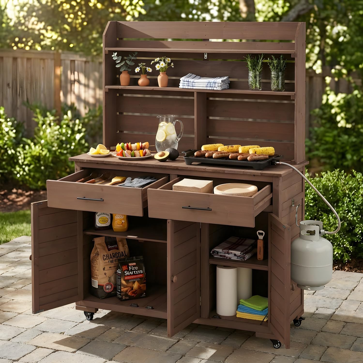 Large Garden Potting Bench with Storage Cabinet and Hutch Top