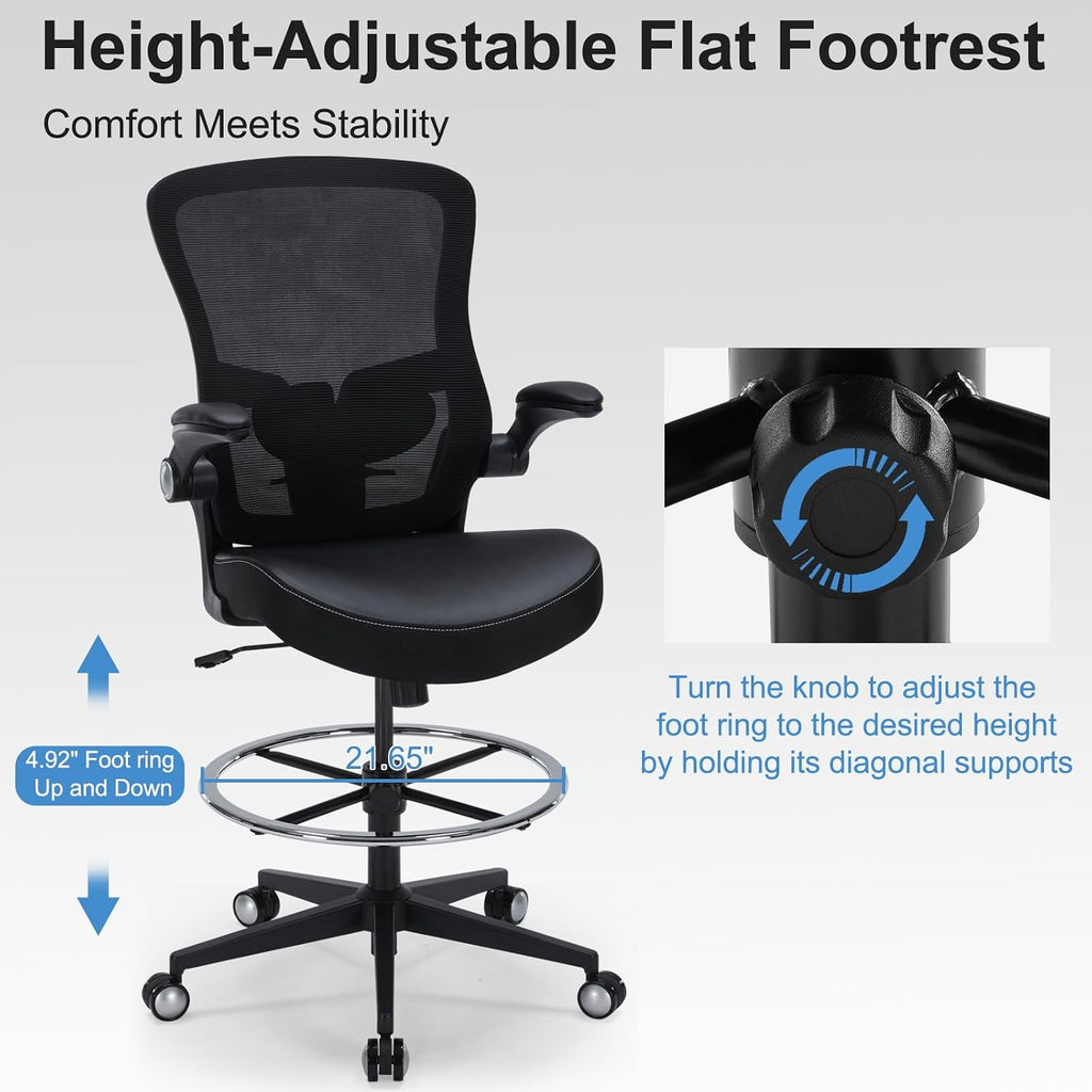 Drafting Chair 400lbs Heavy Duty Tall Office Chair Big and Tall Ergonomic Standing Desk Chair with Lumbar Support and Adjustable Footrest Ring, Comfy Mesh Wide Chair with Flip-up Armrests, Black