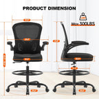 Synorla Ergonomic Drafting Chair, Tall Office Chair with Flip-up Armrests, Breathable Mesh High Desk Chair with Lumbar Support Adjustable Footrest Ring for Standing Desk Black