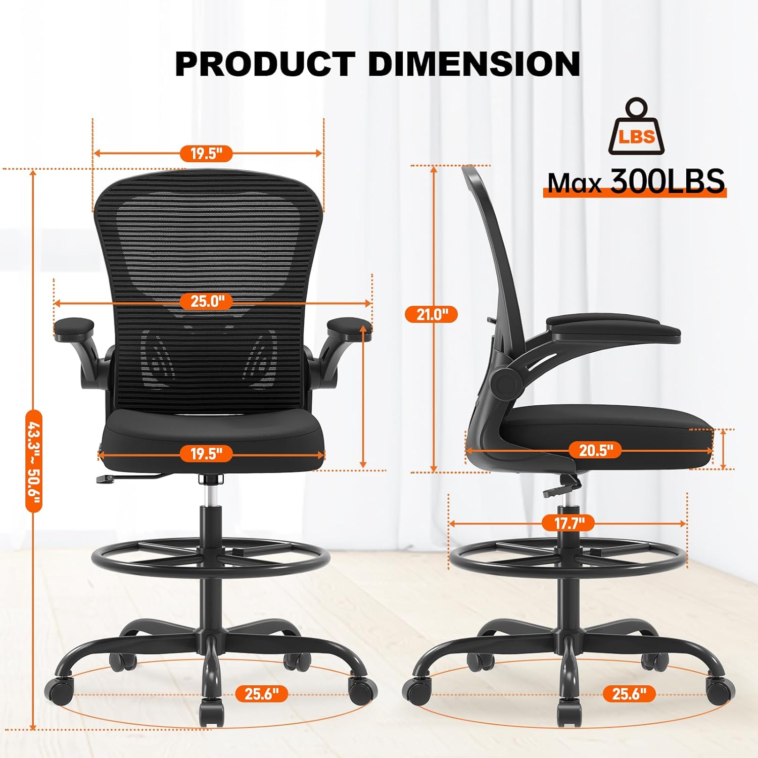 Synorla Ergonomic Drafting Chair, Tall Office Chair with Flip-up Armrests, Breathable Mesh High Desk Chair with Lumbar Support Adjustable Footrest Ring for Standing Desk Black