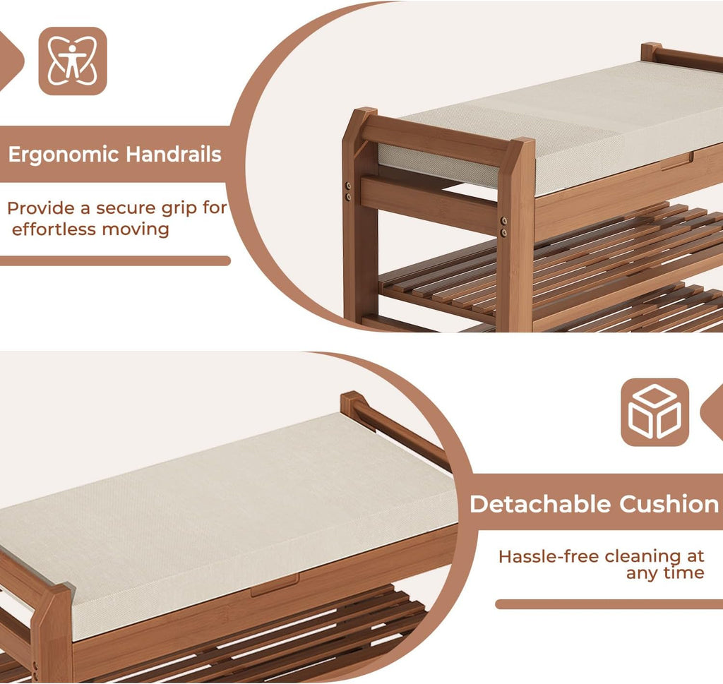 27.6" Bamboo Shoe Bench with Cushion, 2-Tier Storage Bench for Entryway, Heavy Duty Shoe Rack Organizer with Removable Soft Cushion for Living Room Bedroom Hallway