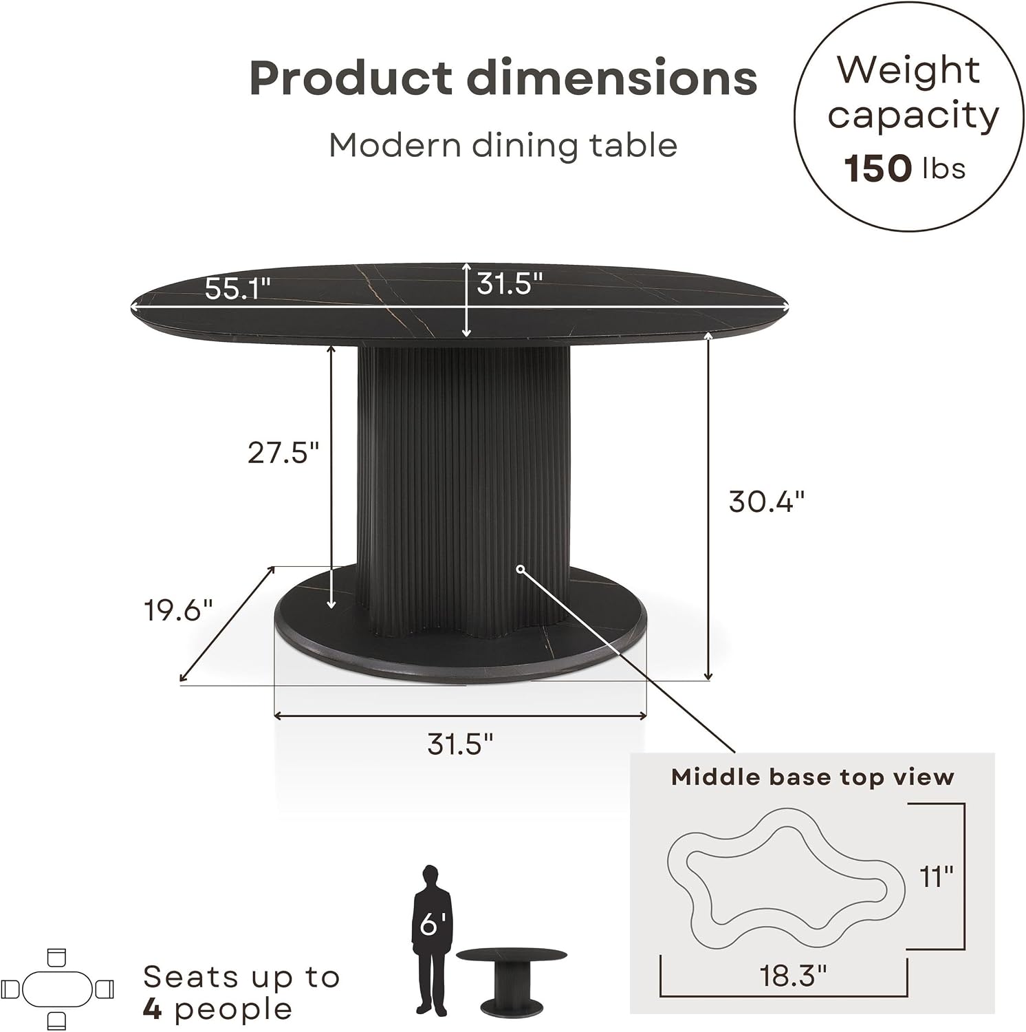 Homes: Inside + Out Elara Modern 54-inch Oval Dining Table with Fluted Pedestal Base, Seats up to 4, for Home Kitchen, Living Room, Black