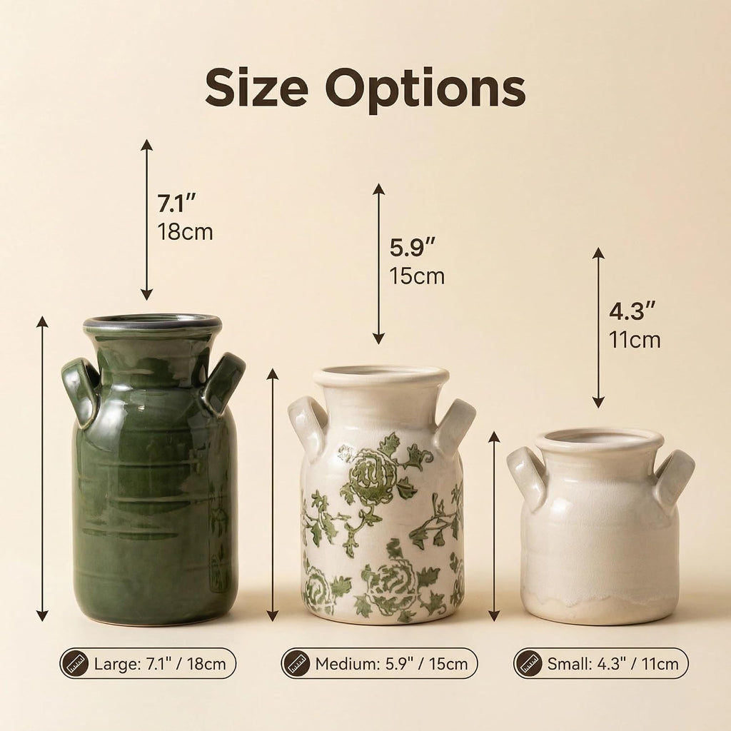 Ceramic Vase Set of 3 with Two Handles, Green White Neutral Rustic Modern Farmhouse Boho Decor, Versatile as Table Centerpiece or Mantel & Shelf Accent - Unique Home Gift Idea