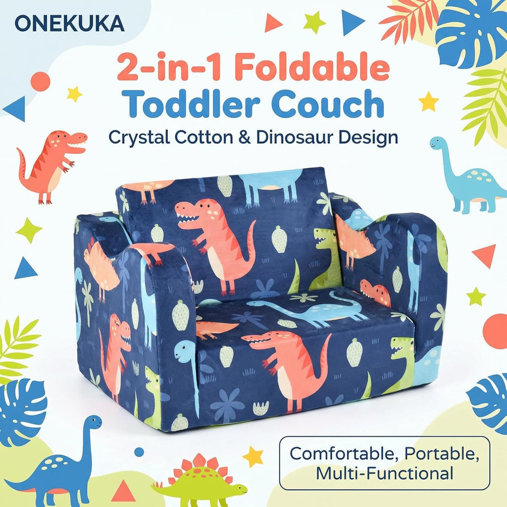 Kids Couch Sofa Toddler Sofa Dinosaur 2-in-1 Foldable Toddler Couch Bed Flip Open Kids Chair for Playroom Bedroom Gift Boys Girls