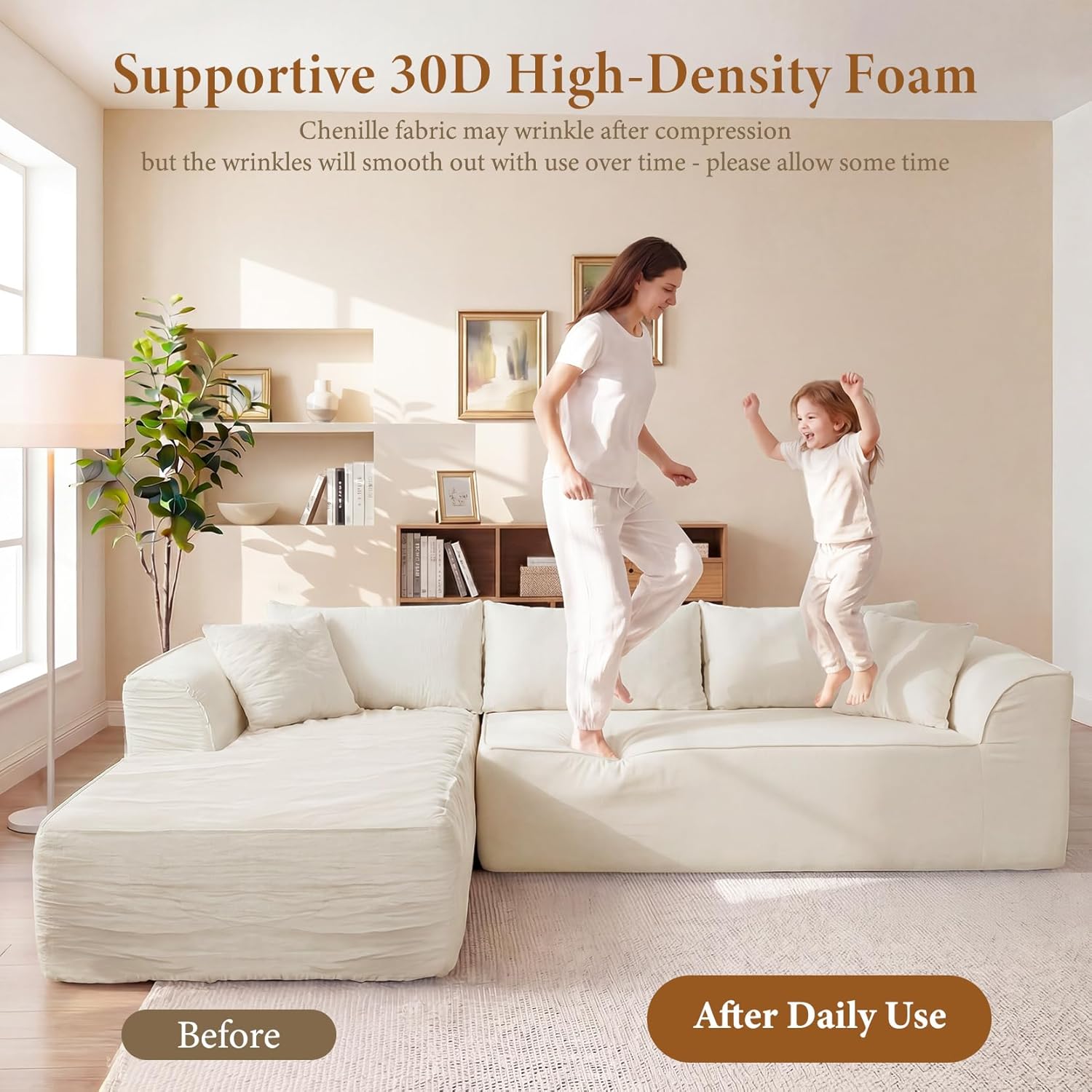 Vesgantti 106" Cloud Couch Sectional Modular Sofa, Deep Seat Comfy Cloud Couch Chenille Memory Foam Sofa Modular Couches for Living Room Bedroom, No Assembly Required (Beige, Left-Facing Chaise)