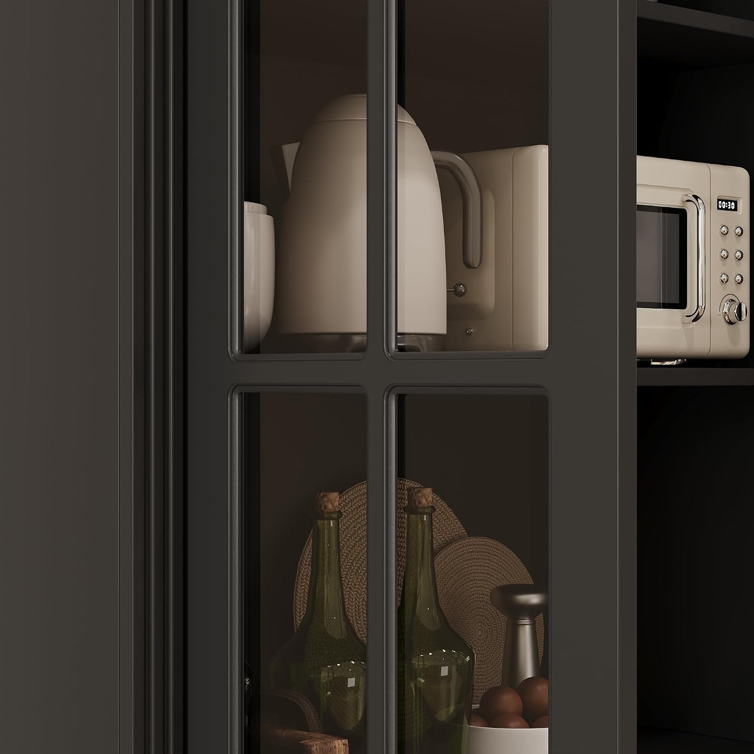 AGOTENI 47.2" W Pantry Cabinet with Glass Doors & 4 Drawers, Wooden Freestanding Kitchen Storage Cabinet with Adjustable Shelves & Vintage Handles for Dining Room Living Room, Black