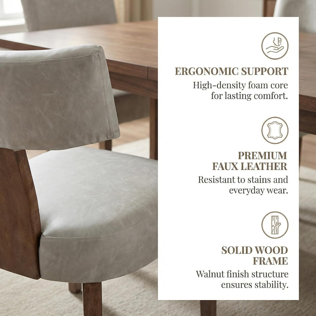 Shunzhi Grey Leather Dining Chairs Set of 4, Upholstered Wooden Dining Room Chairs, Mid Century Modern Farmhouse PU Kitchen Chairs, Accent Armless Side Chairs with Curved Back for Living Room, 4PCS