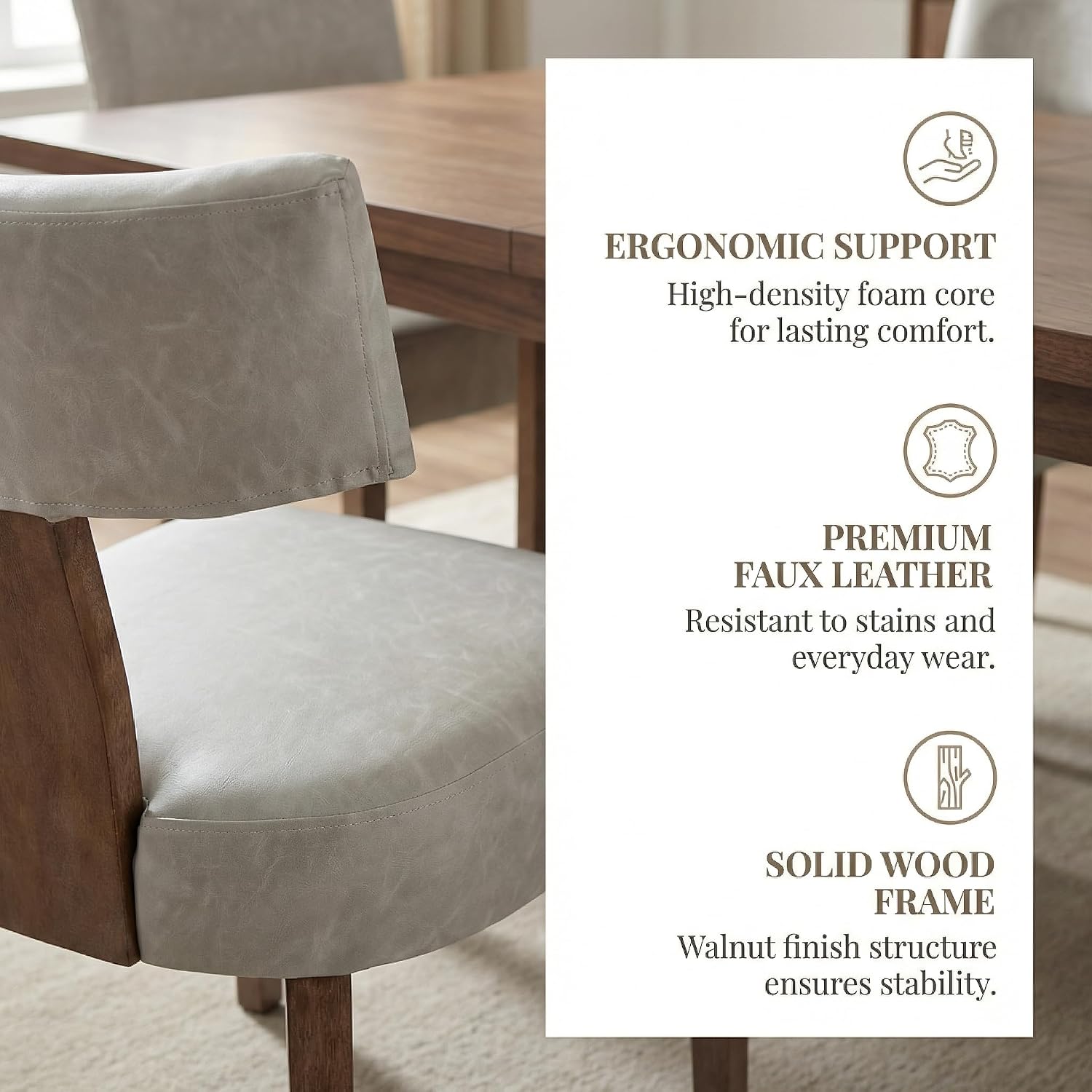 Shunzhi Grey Leather Dining Chairs Set of 4, Upholstered Wooden Dining Room Chairs, Mid Century Modern Farmhouse PU Kitchen Chairs, Accent Armless Side Chairs with Curved Back for Living Room, 4PCS