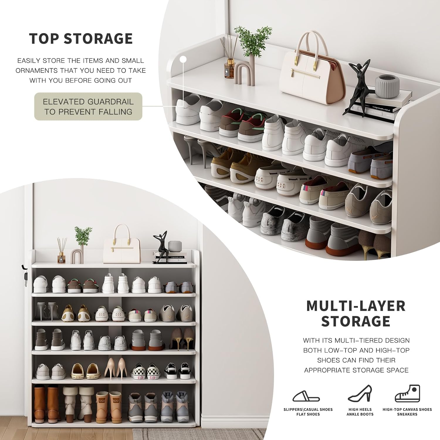 5 Tier Shoe Rack, Wooden Shoe Storage Cabinet, Large Capacity Tall Shoe Shelf Free Standing Shoe Rack Organizer for Closet Entryway Garage Bedroom, White