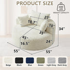 55" L Corduroy Sponge Single Sofa, Oversized Round Chair, Fluffy Modern Sleeper Chairs for Living Room, Lounge and Projection Room, Wide Armrest Lounge Chairs, Armchair with Pillow White
