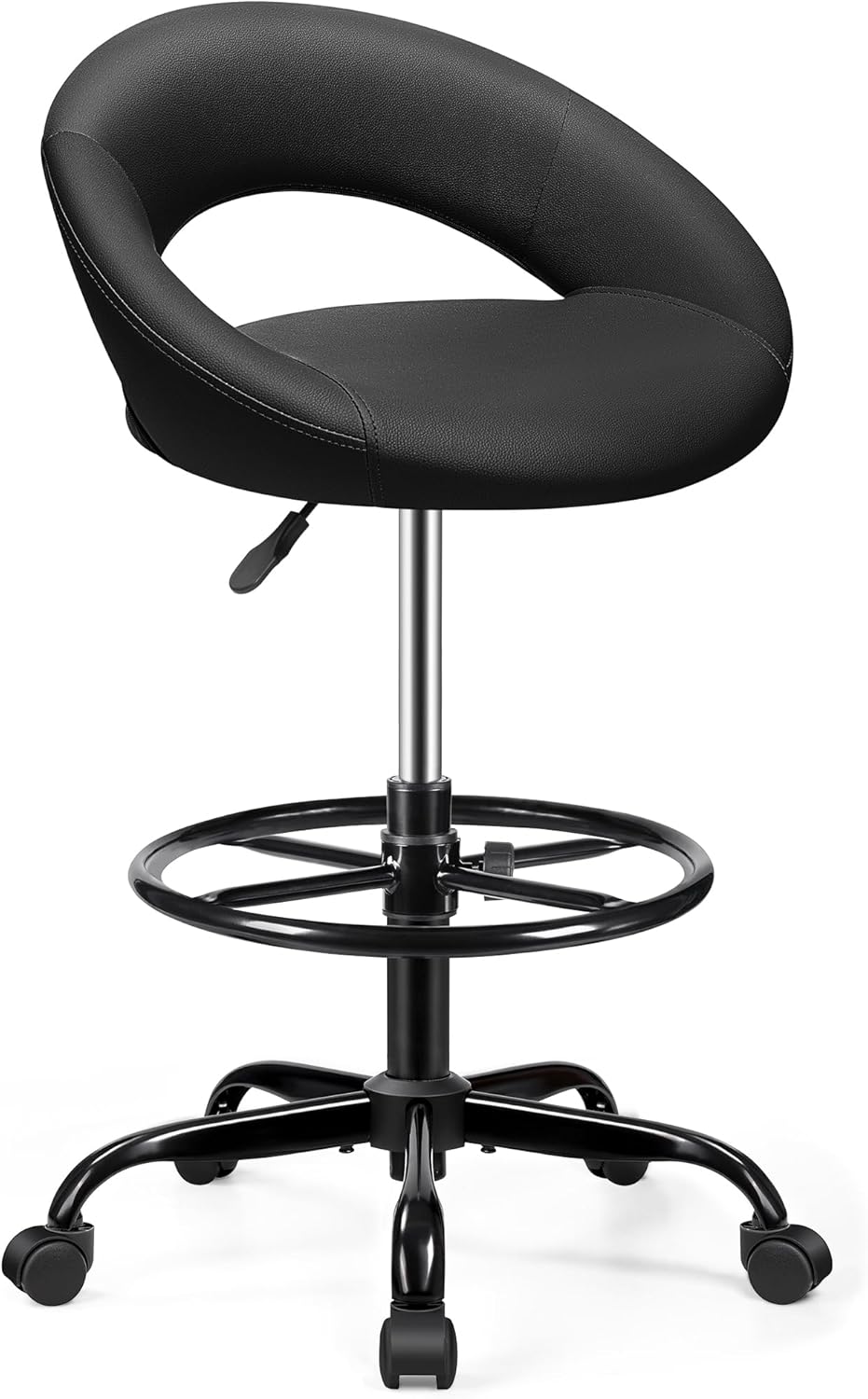 BESTFAIR Office Drafting Chair - Bar Stools with Back Support, Adjustable Foot Rest and Wheels, Shop Rolling Swivel Chair for Standing Desk Counter Kitchen Salon Home Vanity, Black
