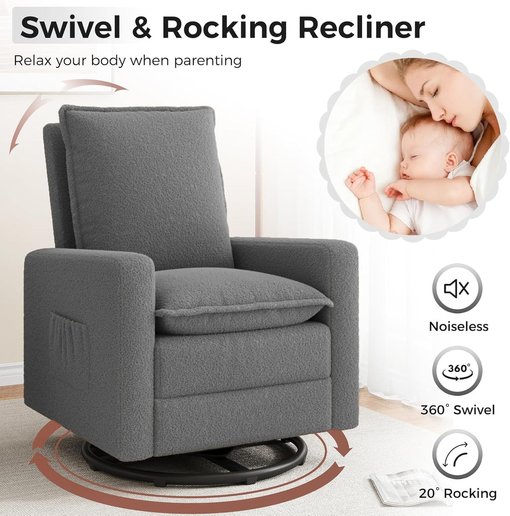 Amopatio Swivel Glider Recliner for Indoor Nursery Rocker Chair Upholstered Single Sofa with Side Pockets and Footrest for Living Room Bedroom(Gray)