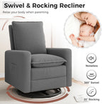 Amopatio Swivel Glider Recliner for Indoor Nursery Rocker Chair Upholstered Single Sofa with Side Pockets and Footrest for Living Room Bedroom(Gray)