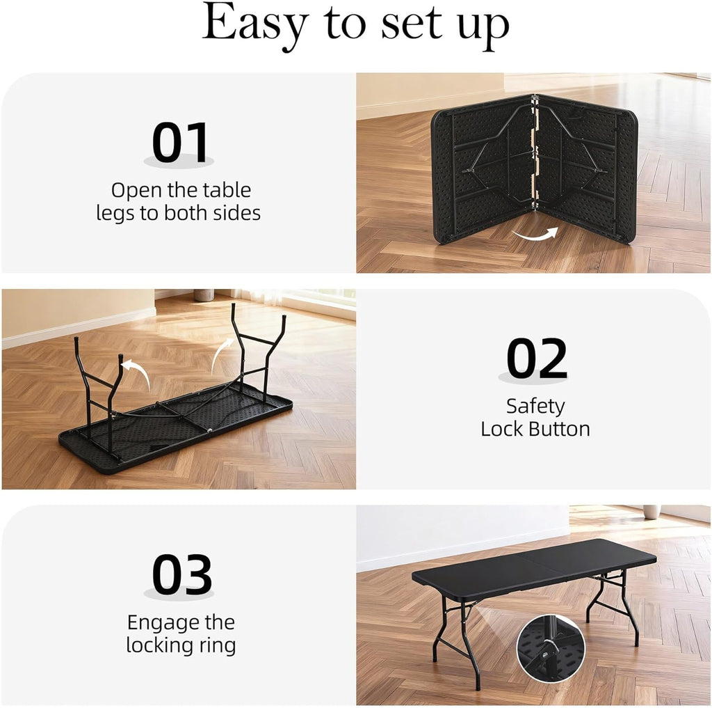 6FT Folding Table with Carrying Handle: Upgrade Thickened Heavy Duty Portable Foldable Table | Perfect Plastic Tables for Party, Dining, Wedding, Events, Picnic Indoor, Outdoor, Camping, Utility Black
