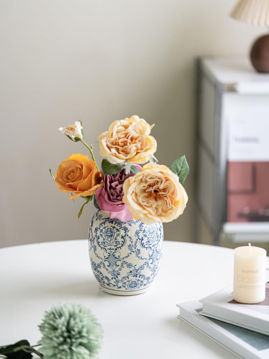 Blue and White Vase, Vintage Blue Ceramic Flower Vessel,Ceramic vases for Home Decor,Vintage Vase for Home Decor, Living Room, Shelf, Office, Rustic Table Centerpiece (Blue and white-01, Small)