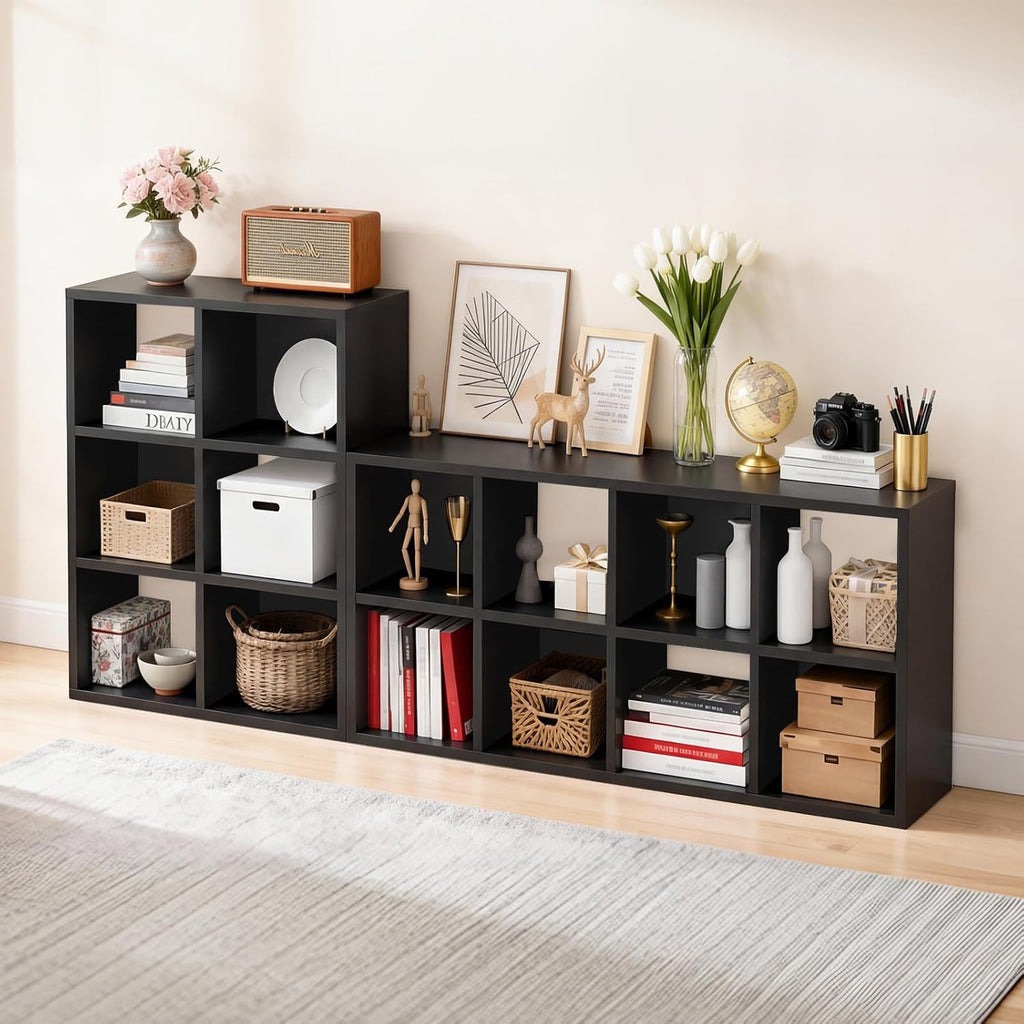 LUCKLIFE 8-Cube Storage Organizer, Stackable Modular Bookcase Shelf with Vertical or Horizontal Use, Fits 11×11" Bins, Optional Back Panels, for Living Room, Office, Carbon Black