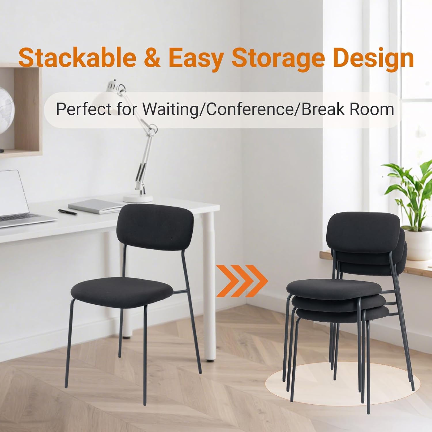 Sidanli Stackable Waiting Room Chairs, Armless Upholstered Guest Chairs Set of 4 with Comfotable Cushion for Conference Reception Break Room Lobby, Black
