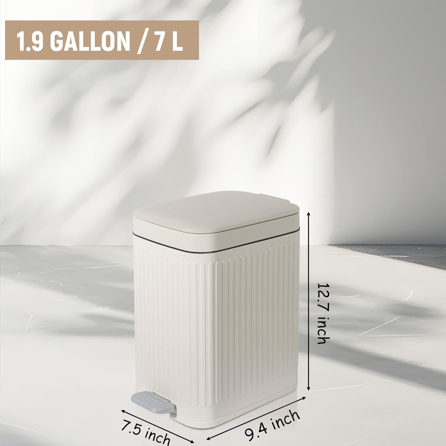 rejomiik Small Bathroom Trash Can with Lid Slim Soft Close Garbage Can Step Wastebasket Container Trash Bin for Office Bedroom Kitchen Living Room (1.9 Gallon Cream)